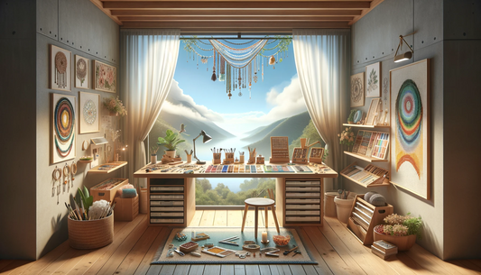 Serene and inspiring beadwork crafting workspace with an array of bead kits, tools, and finished projects, embodying the essence of beadwork.